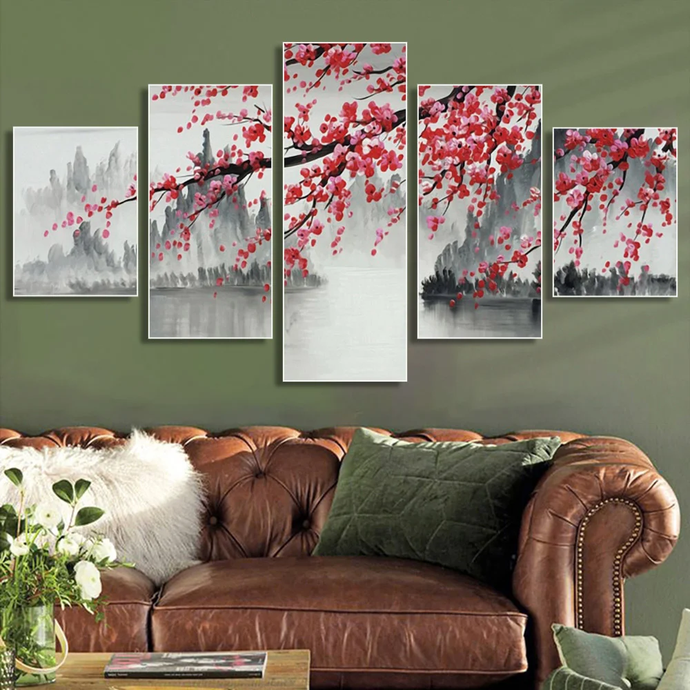 Chinese Style Plum Tree Canvas Painting, Home Decor Posters and Prints, Wall Art, Pictures for Living Room, Modern Decor, 5 PCs