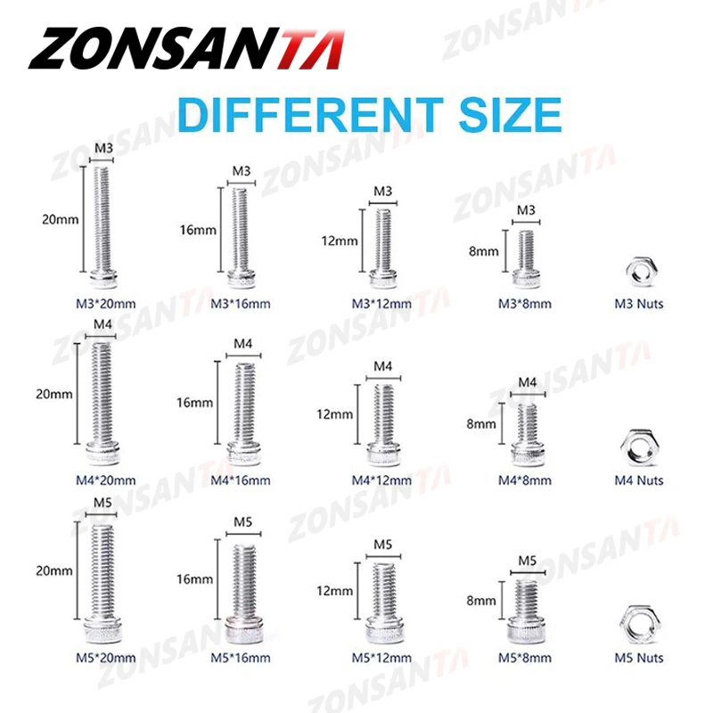 ZONSANTA 440 sztuk z łbem sześciokątnym śruba sześciokątna czapka zestaw śrub M3 M4 M5 304 maszyna ze stali nierdzewnej śruby DIY śruba imbusowa nakrętka śruby zestaw