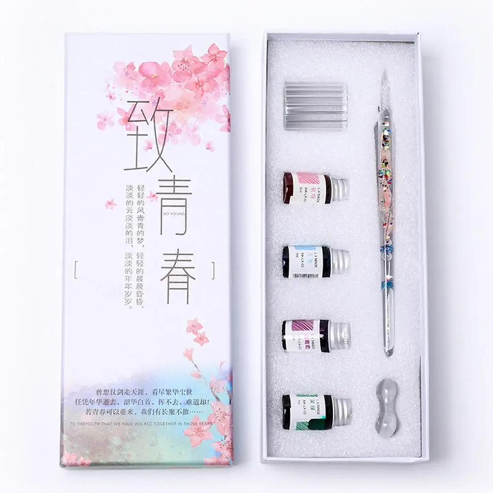 Crystal Ink Signature Pen Dried Flower Strong Ink Absorption Smooth Writhing Dip Ink Pen Vintage Glass Pen Set Christmas Gift