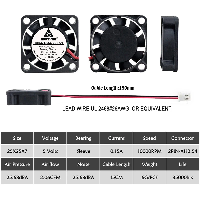 Gdstime-ventilador sin escobillas para ordenador portátil, 1000 piezas, 5V, 25mm x 25mm x 7mm, 2 pines XH2.54 DC, Mini ventilador de refrigeración 25x25mm, enfriador pequeño de alta velocidad