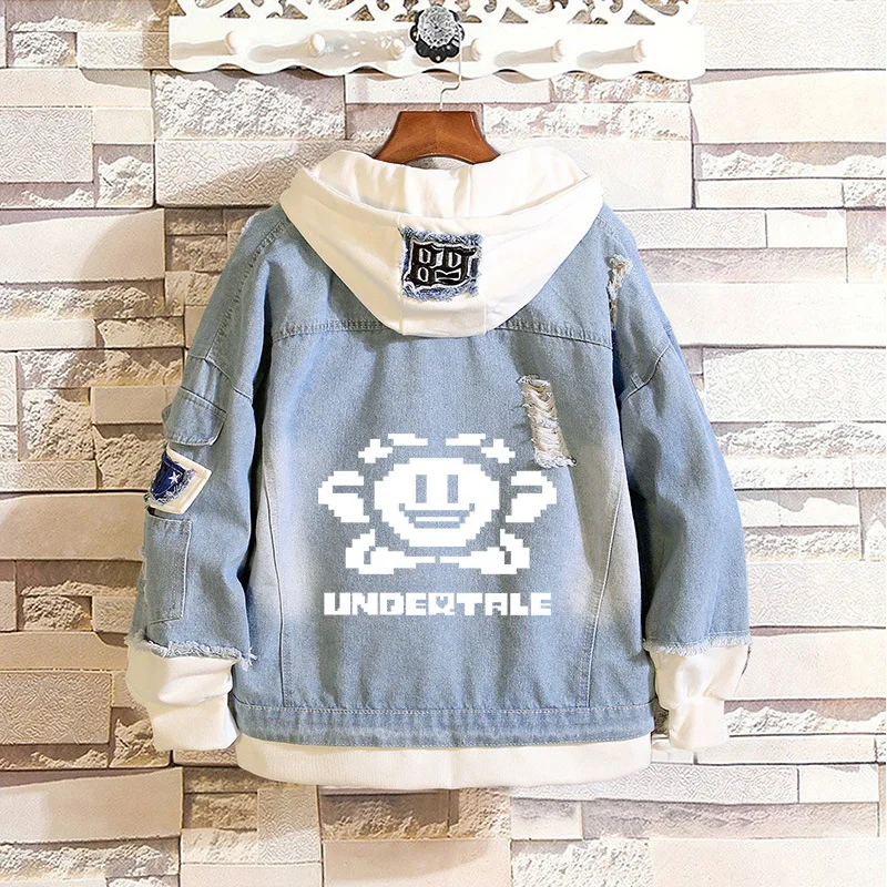 Anime Undertale Sans Skull Fake 2 Pieces Jacket Cosplay Casual Denim Jacket Autumn Hooded Sweatshirt Unisex Outwear Coat