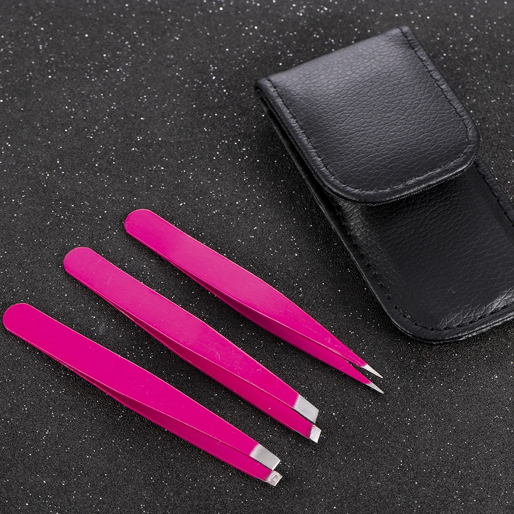 3 PCS/Set Eyebrow Tweezers Stainless Steel Point Tip/Slant Tip/Flat Tip Hair Removal Makeup Tools Accessory with Black Bag Case