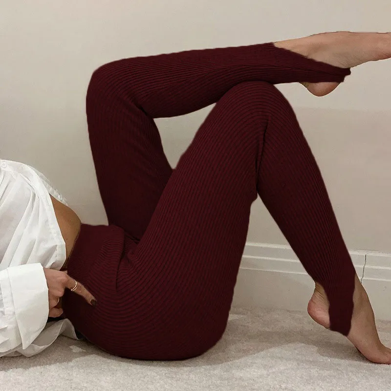 Leggings de punto acanalado para mujer, pantalones básicos de algodón de cintura alta a la moda, elásticos y ajustados, informales, combina con todo, color Beige