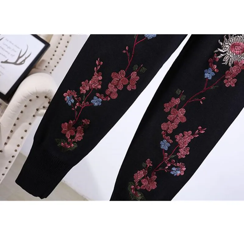 Black Gray White Knitted Tracksuit Women Outfits Fashion Crane Embroidery Flowers Sweater Long Pants Set Loose Knit Suit Female