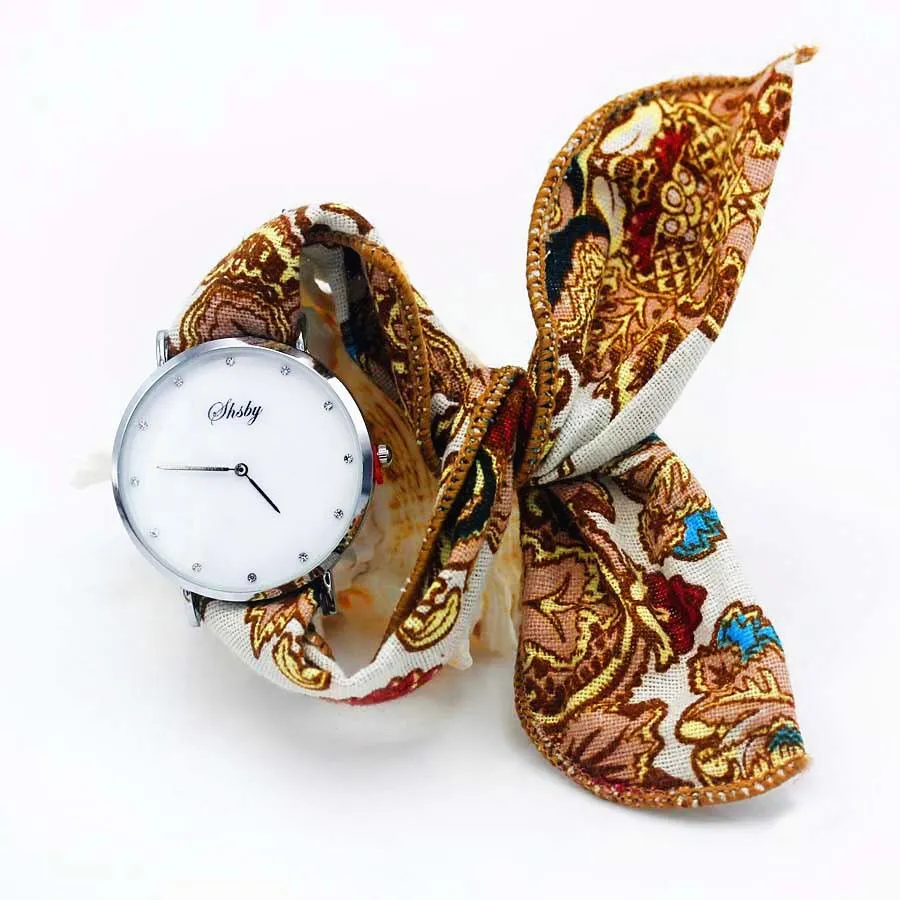 Shsby Ladies Flower Cloth Wristwatch Women Dress Watch Fashion Girl Casual Quartz Watch Big Dril Dial Fabric Clock Birthday Gift