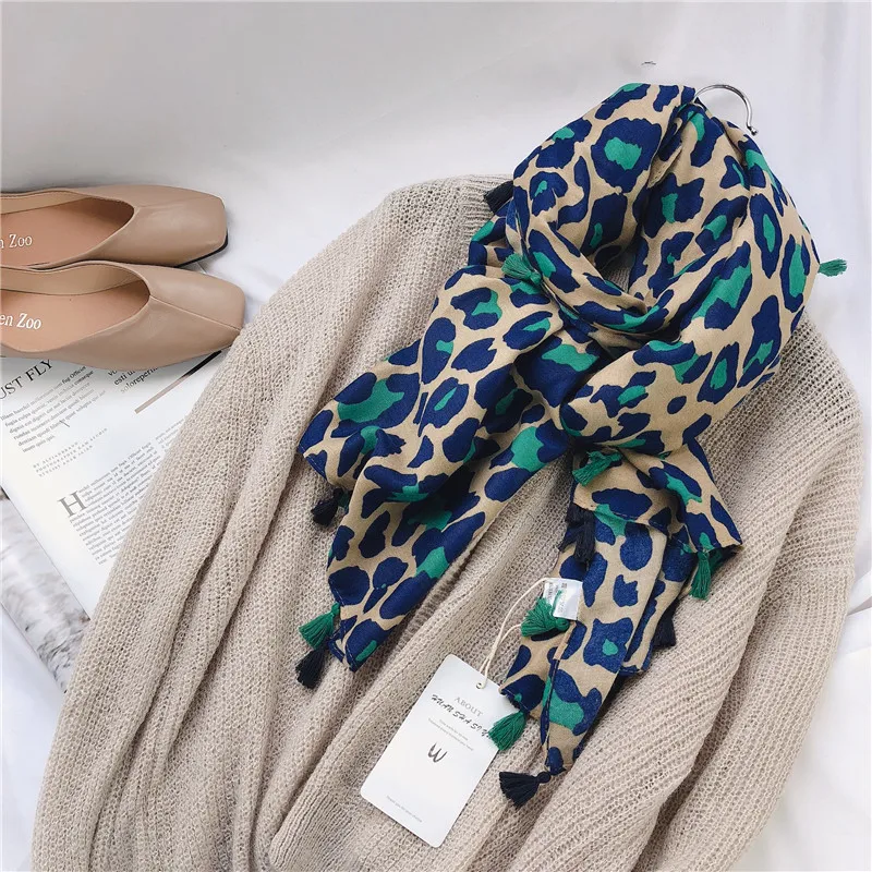 New Women Autumn Cotton Viscose Tassel Scarf Turquoise Leopard Dot Spain Style Wrap Pashminas Stole Muslim Hijab Sjaal 180*100cm