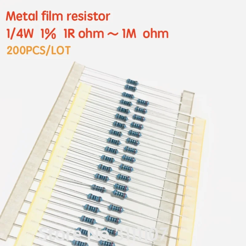 200PCS 1/4W 1% Metal film resistor 10R ~ 1M 100R 220R 330R 1K 2.2K 3.3K 4.7K 10K 20K 47K 100K 100 220 330 680 2K2 3K3 4K7 ohm