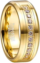 Men's 8MM Tungsten Carbide Ring Wedding Band with Round Cubic Zirconia Gold Plated CZ Engagement Ring Size 7-12