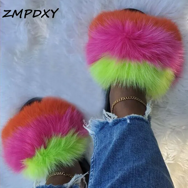 Women Fur Slides Real Fox Fur Slippers Rainbow Plush Furry Fur Flip Flops Fashion Ladies Comfortable EVA Flat Fluffy Fur Shoes