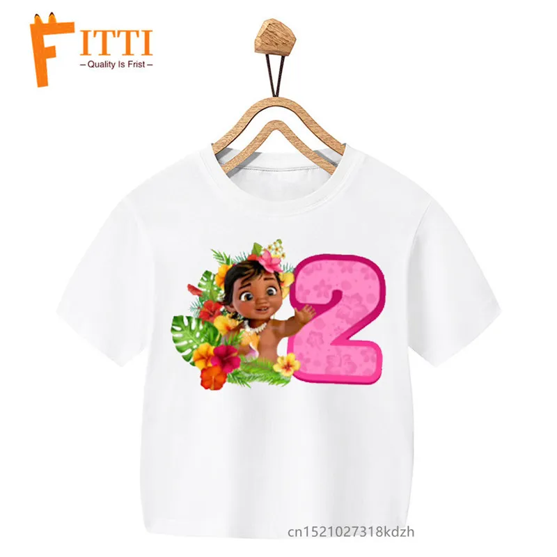 T-shirt blanc imprimé fleurs et nombres d\'anniversaire Moana pour filles, vêtements amusants Kawaii d\'été pour enfants, vêtements pour petits bébés,