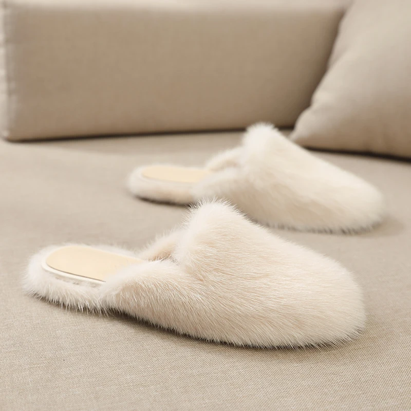 New Ladies Slippers 100% High Quality Mink Mule Shoes Real Mink Slippers Casual Flat Shoes Home Shoes Girls Outdoor Slippers