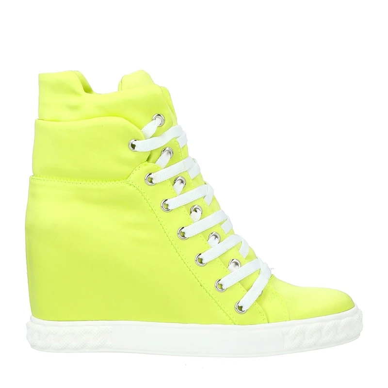 Bright Fluorescein Height Increasing High Top Sneaker Neon Yellow Lace Up Ankle Booties Women Inner Wedge Heel Casual Shoes