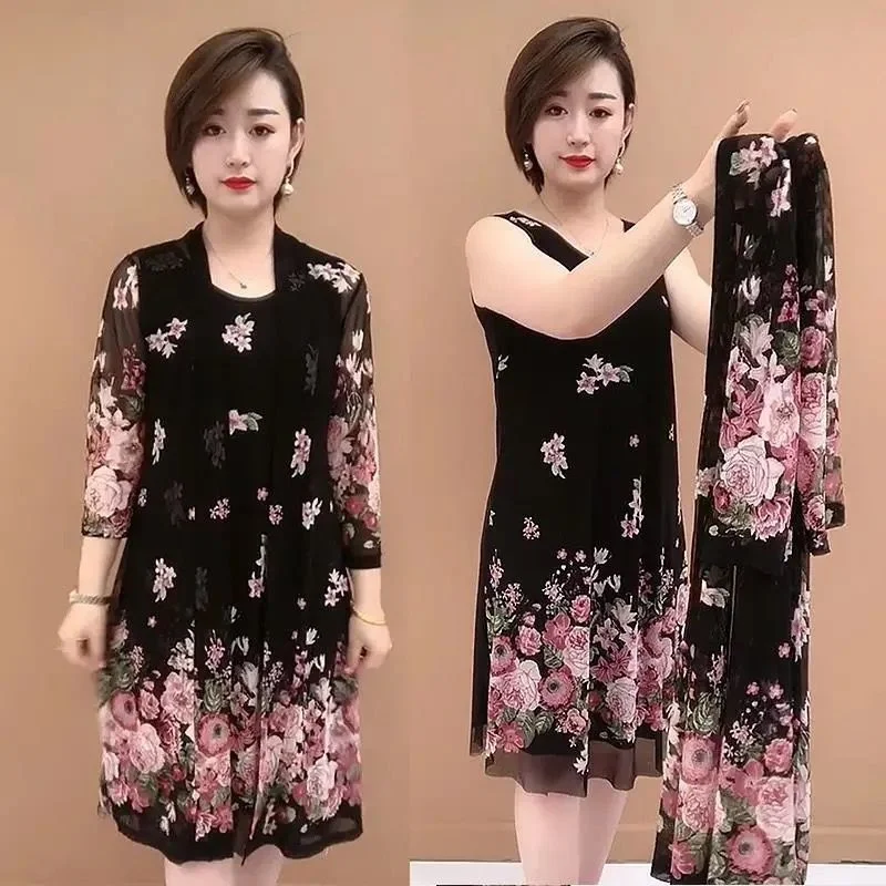 Cárdigan estampado para mujer, vestido de media manga, traje de dos piezas, conjuntos de vestido de verano para mamá, traje elegante, una sola