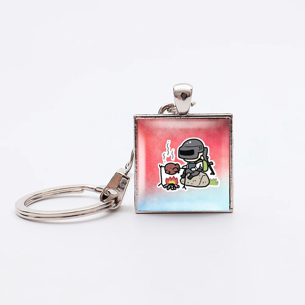 Hot Game PUBG Keychain Playerunknowns Battlegrounds Backpack Key Holder Glass Dome Cabochon Keyring Jewelry