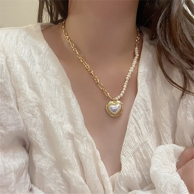 YANGLIUJIA Freshwater Pearl Heart-shaped Pendant Necklace South Korean Style Fashionable Joker Sweet Necklace Chain Of Clavicle