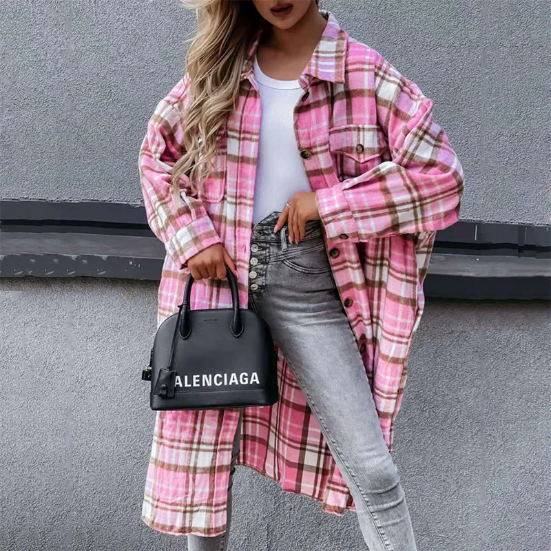 Autumn Plaid Jacket Women European American Overshirt Long Checkered Shirt Jacket Fashion Single-Breasted Plaid Shirt Cardigan