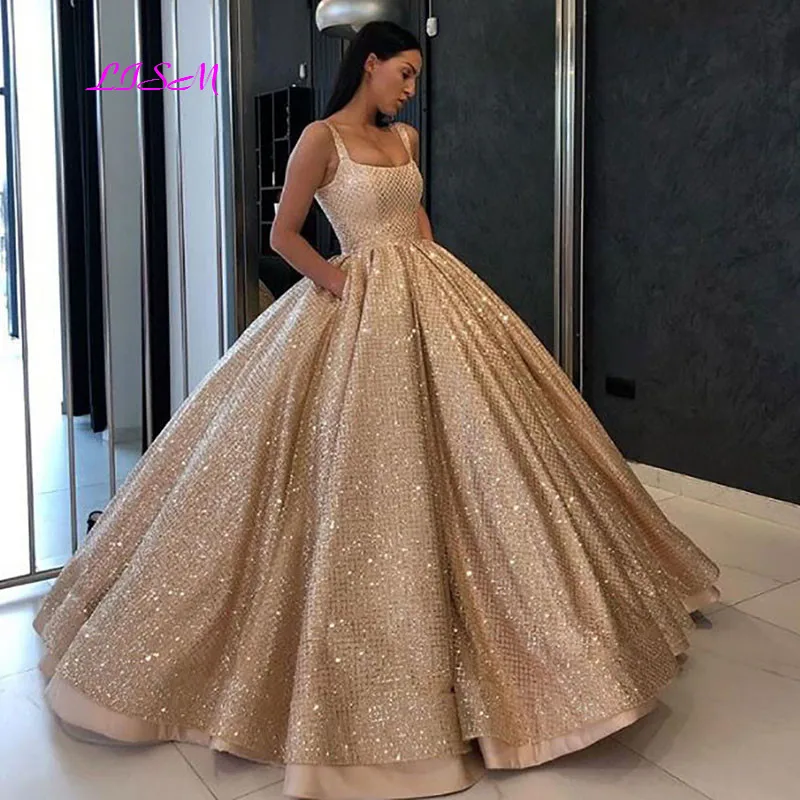 Spark Bling Gouden Pailletten Quinceanera Jurken Baljurk Prinses Prom Jurken Met Pocket Puffy Sweet 16 Jurk Vestidos De 15 anos