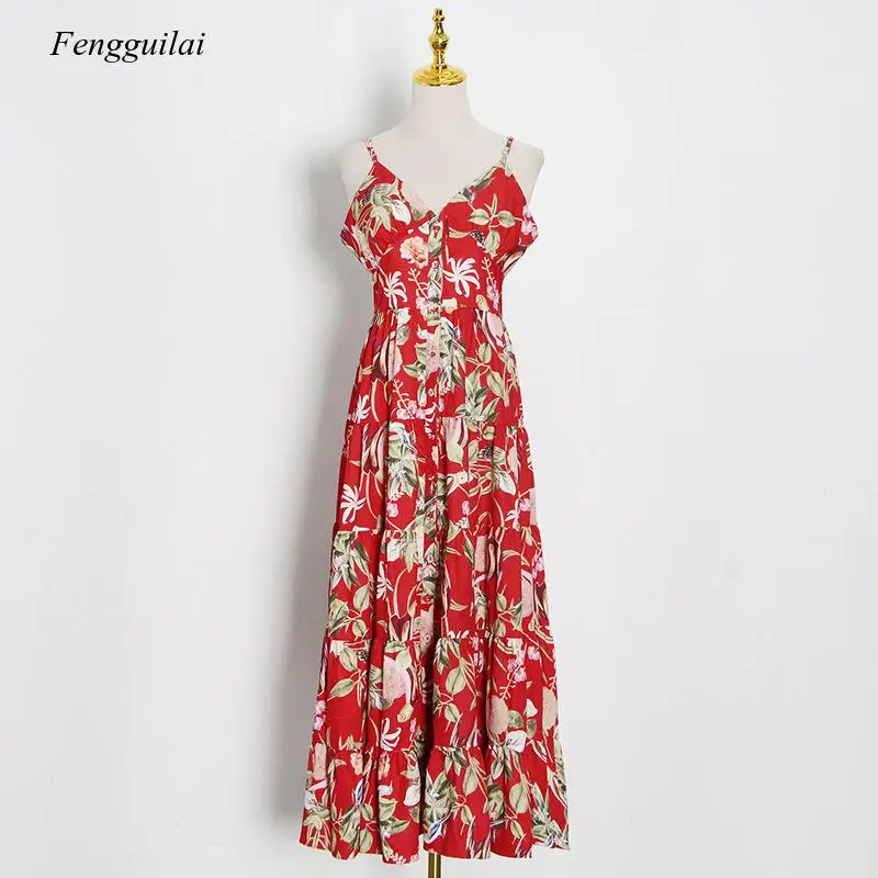 Court Retro Style Spring and Summer 2021 New Suspender Floral Print High Waist Beach Resort Chiffon Long Dress