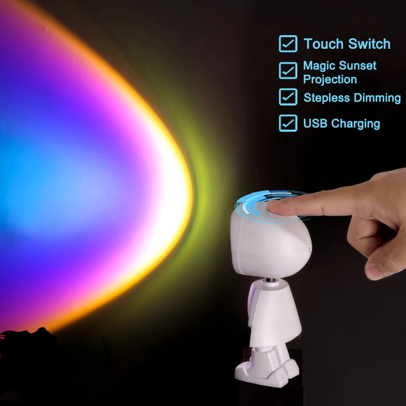 USB Robot Rainbow Sunset Projector Atmosphere Led Night Light Room Study Bedside Background Wall Home Decoration Mini Table Lamp