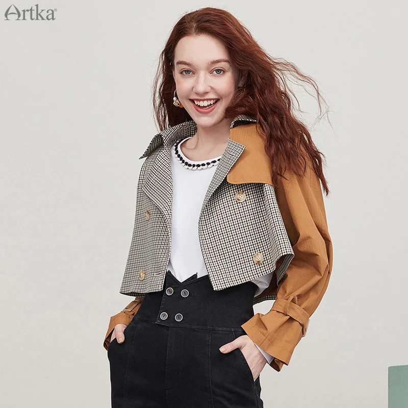 ARTKA 2020 Autumn New Women Jackets Fashion Retro Plaid Patchwork Double-breasted Jacket Coat Loose Short Trench Coat WA25004Q