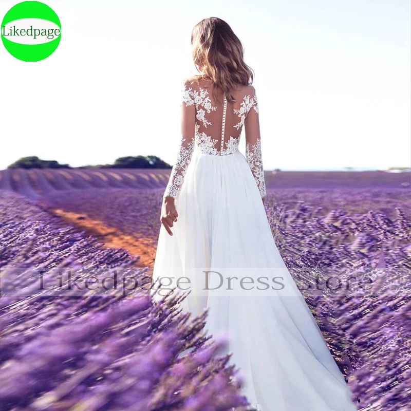 Áo Tay Dài Đi Biển Áo Cưới Đời Boho 2021 Vestidos De Novia Ren Appliques Cô Dâu Đồ Bầu Một Dòng Gợi Cảm Dây Mariage Boda trouwjurk