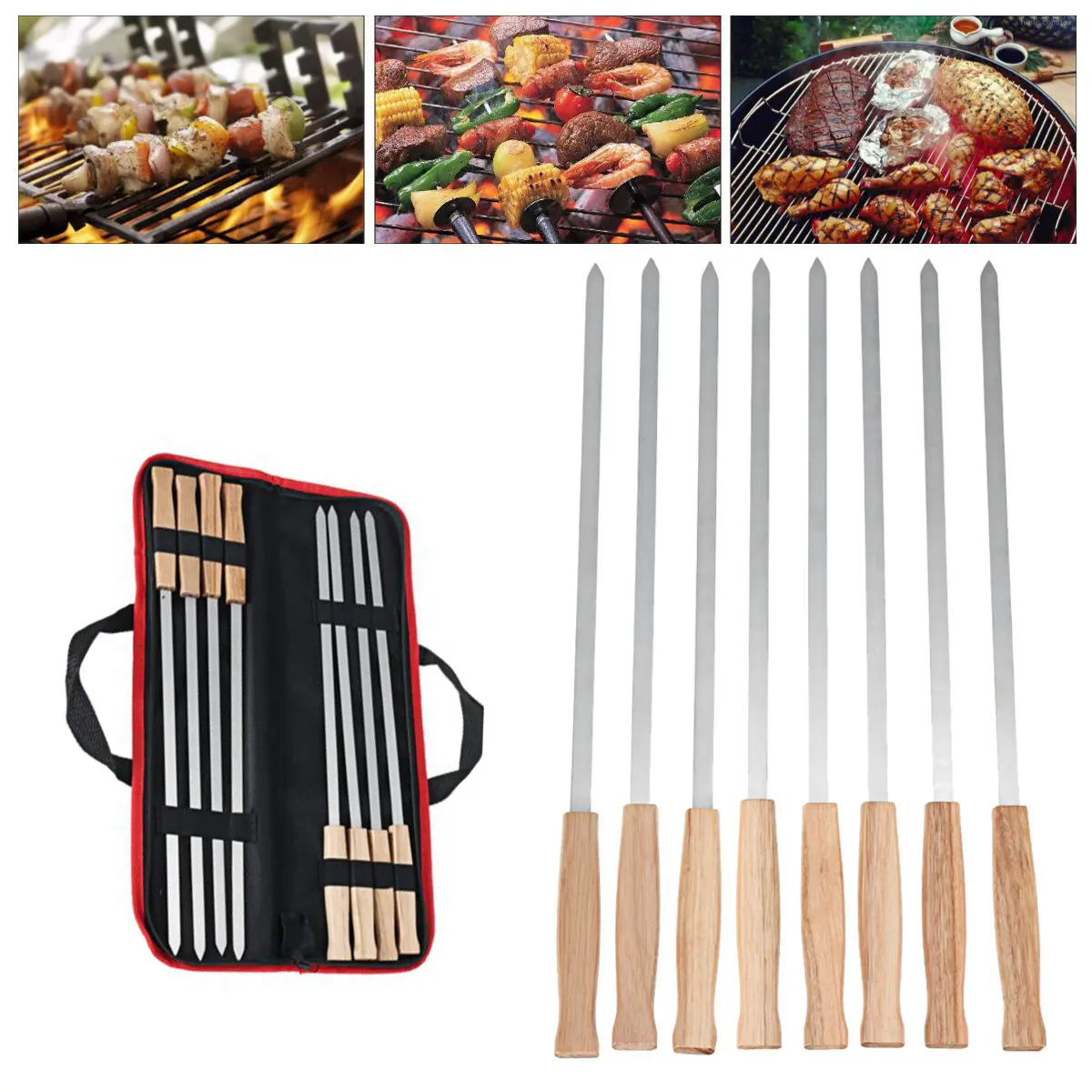 8Pcs Kebab BBQ Stainless Steel Skewers with Wooden Handles Roasting Pin Barbecue Fork Wooden Handle for Picnic