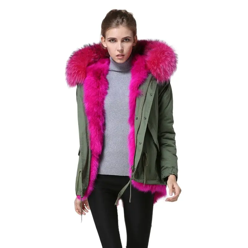 

Real Fox Fushia Collar Amy Green Both Side Wear Fox Lining Elegant Winter Lady Luxury Coat,MRS Hight Quality Women Fur Vest