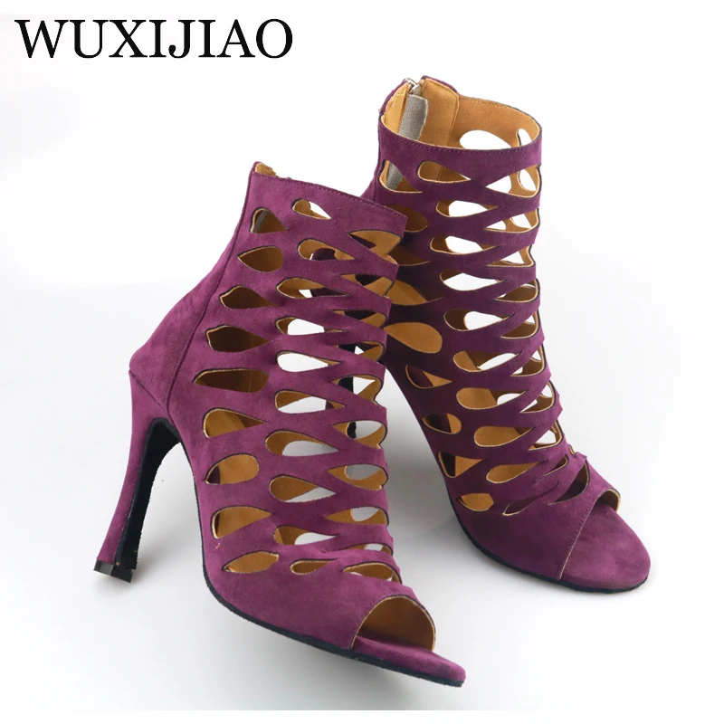 WUXIJIAO Ladies black mesh suede fashion cross strap sexy high heel sandals comfortable latin dance shoes salsa shoes