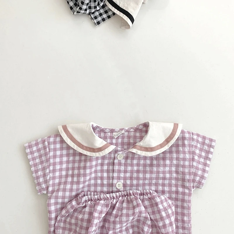 Baby Clothes Plaid tees and Cotton Bloomer 2Pcs Sets Trun-down Collar Toddler Suit Korean Infant Outfits