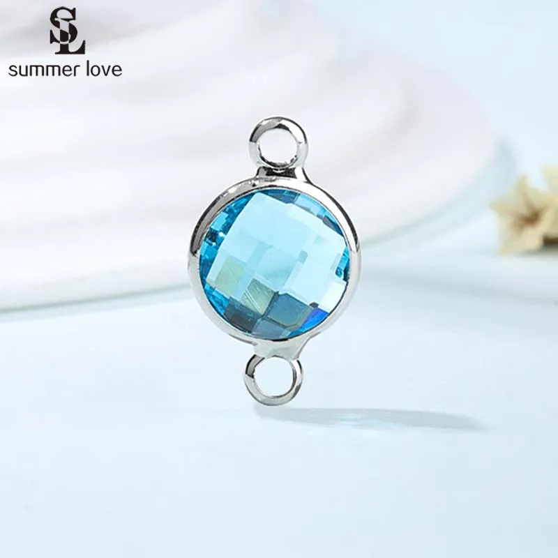 10pcs Wholesale 8mm Silver Color Crystal Birthstone Connector Charms for Diy Earring Bracelet Making Small Bead Jewelry Findings