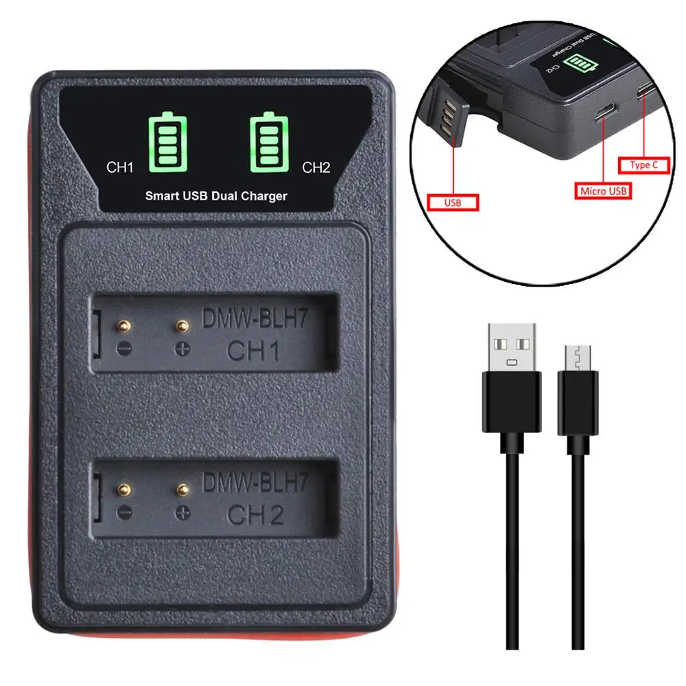 

DMW-BLH7 DMW-BLH7PP BLH7E LED Dual Charger with Type C Port for Panasonic DMC-GM5 DMC-GF7 DMC-GF8 GF9 LX10 LX15 Camera Battery