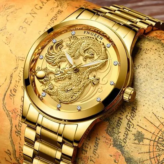 FNGEEN S666 Paar Uhr Drachen Und Phoenix Männer Und Frauen Luxus Gold Farbe Quarz Ultra-Dünne Armbanduhren Stahl Gürtel uhren