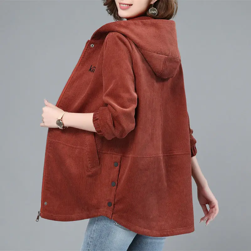 2024 Spring Autumn New Fashion Corduroy Zipper Jacket Female Hooded Loose Outwear Plus size 5XL Women\'s Casual Windbreaker Coat