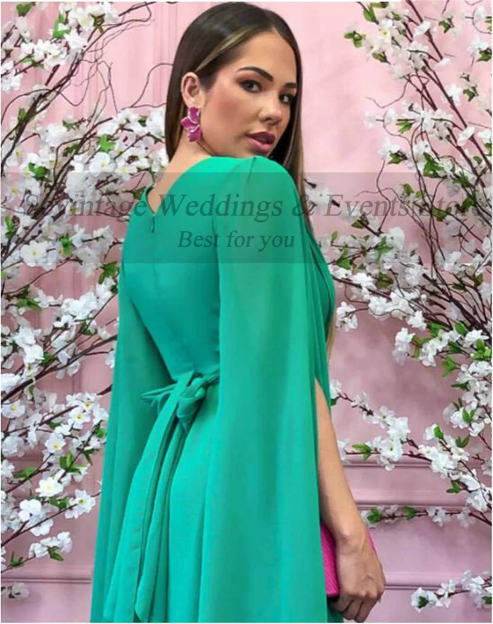 Sevintage Customized Green Chiffon Prom Dresses for Women Long Sleeves Saudi Arabic Evening Gowns Pleated Night Club Outfits