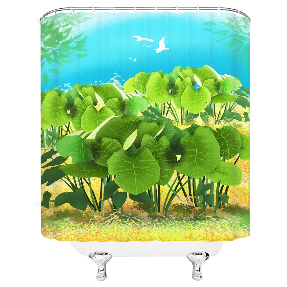 Scenery Shower Curtains Blue sky Green leaf plant birds Hand Painted Bathroom Decor Home Bath Waterproof Polyester Curtain Set