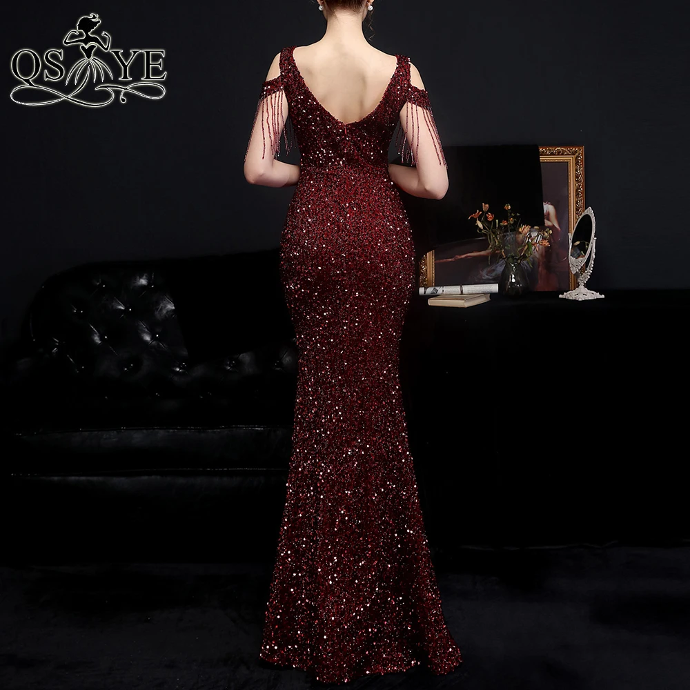 Beading Side Sleeves Burgundy Evening Dresses 2021 Long Sequin Prom Gown V Back Party Dress Scoop Neck Mermaid Women Formal Gown