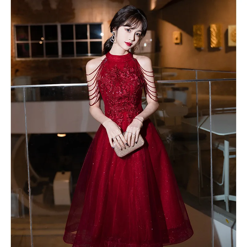 

Bride Burgundy Exquisite Appliques Sequins Evening Dress Elegant A Line Formal Party Gown Toast Clothing