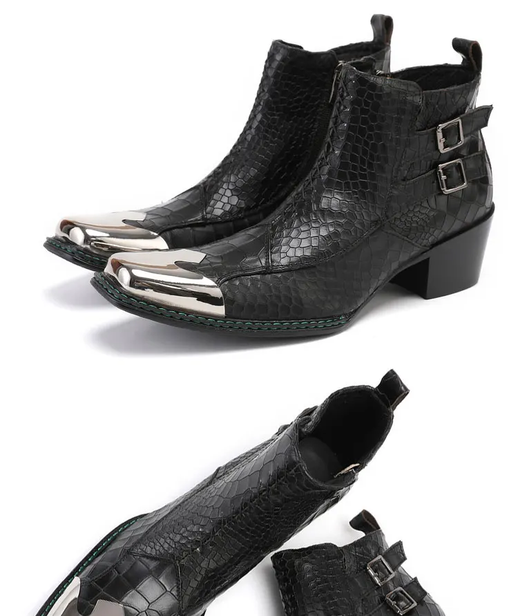 Men's Cowhide Serpentine Print Metal Decor Pointed Toe Belt High‑Heel Short Boots Western Cowboy Boots For Stage Show Party