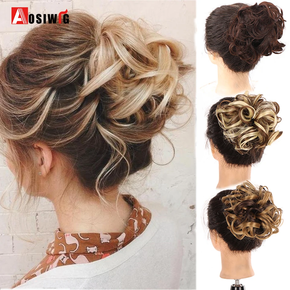 AOSIWIG Women's Natural Synthetic Wig Black Brown Yellow Hair Extension Donut Claw Clip Hair Bun Ladies Daily Party Wig