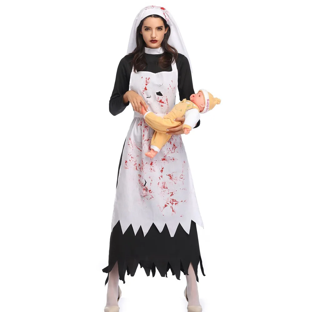 Women's Dreadful Nun Costume Sister Cosplay Fancy Dress Zombie Ghost Witch Costumes