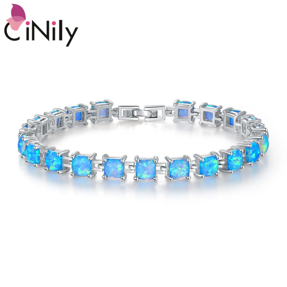 

CiNily Created Blue White Fire Opal Silver Plated Wholesale Hot Sell Jewelry for Women Engagement Chain Bracelet 8" OS435-36