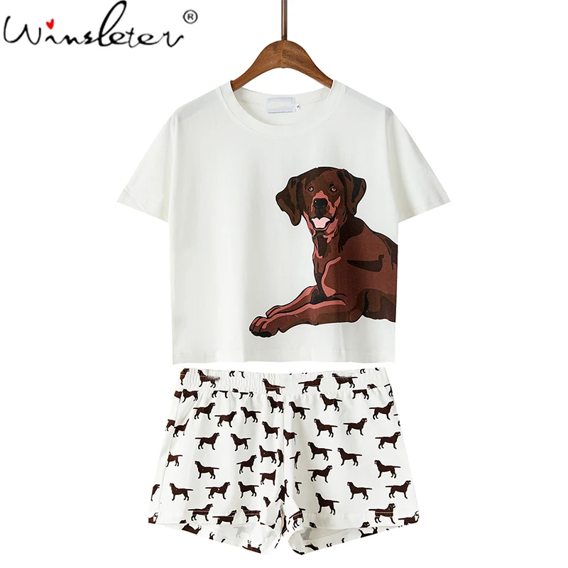 Dropshipping Chocolate Labrador Pajama Sets Women Dog Print 2 Pieces Set Crop Top + Shorts Elastic Waist Loose Pajamas Homewear