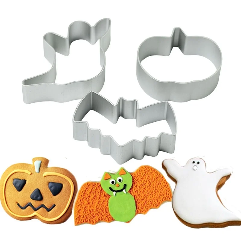3 Stks/set Halloween Biscuit Mold Pompoen Ghost Bat Kat Vorm Metalen Rvs Cookie Cutter Set Deeg Cutter Keuken