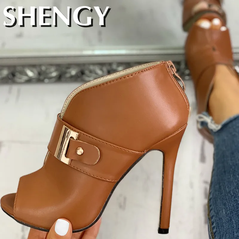 SHY Summer Women High Heels Sandals Stiletto Peep Toe Ladies Pumps Sexy Buckle Strap Zipper Platform Party Office Shoes