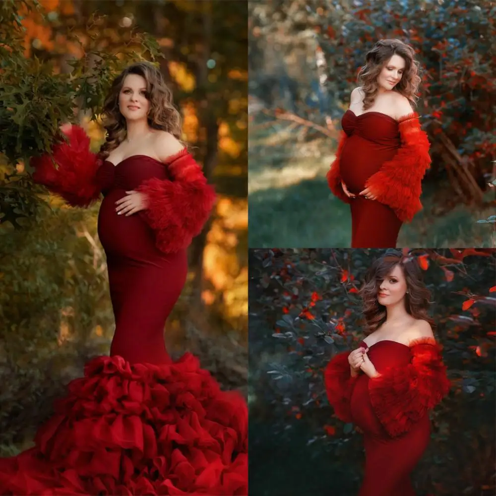 Elegant Red Nightgowns Plus Size Sweetheart Neck Long Sleeve Mermaid Gown Ruffles Pregnancy Dress Baby Shower Prom Wear