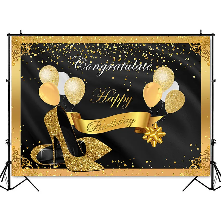 Gold glitter congratulate birthday party decoration backdrop High heels glitter dots balloons Golden Background for photo studio