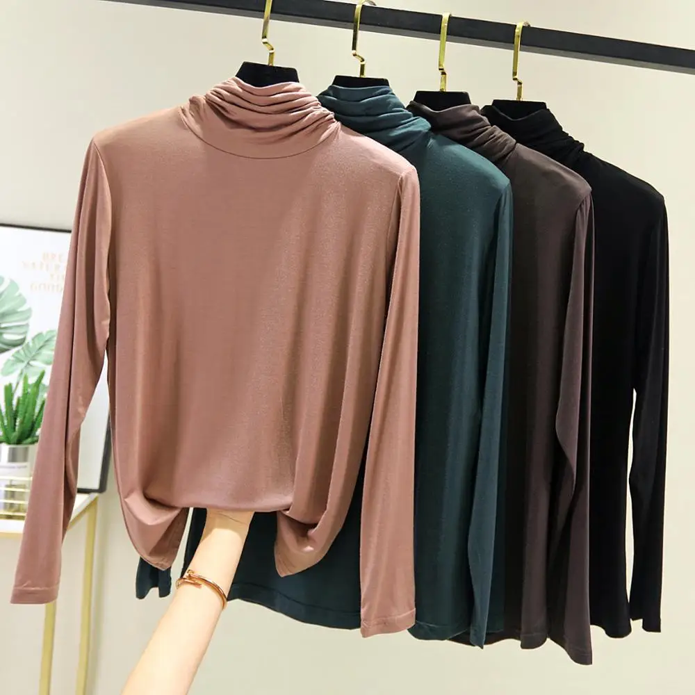 Thin Bottoming Blouses 95% Cotton Long Sleeve Women Shirts Lady Tops Turtleneck Elastic Fitted Blouse Fall Basal Blusas Feminina