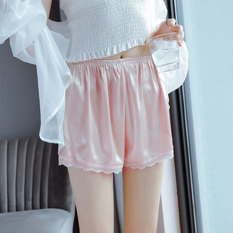 Women Summer Lace Satin Ice Silk Loose Homewear Under Skirt Pajamas Shorts Safety Short Pant Thin Cool Comfortable Sleep Botttom