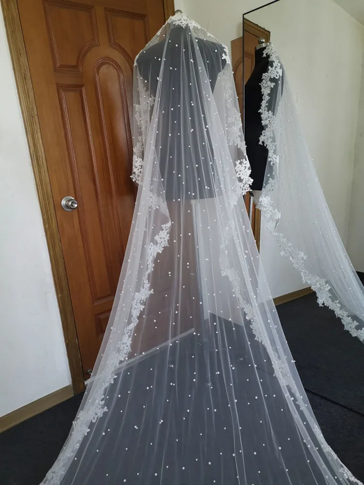 Echte Foto Wit Ivoor Bruiloft Sluier Lange Kanten Sluier Een Laag Kathedraal Royal Pearl Bridal Veils Bruiloft Accessoires