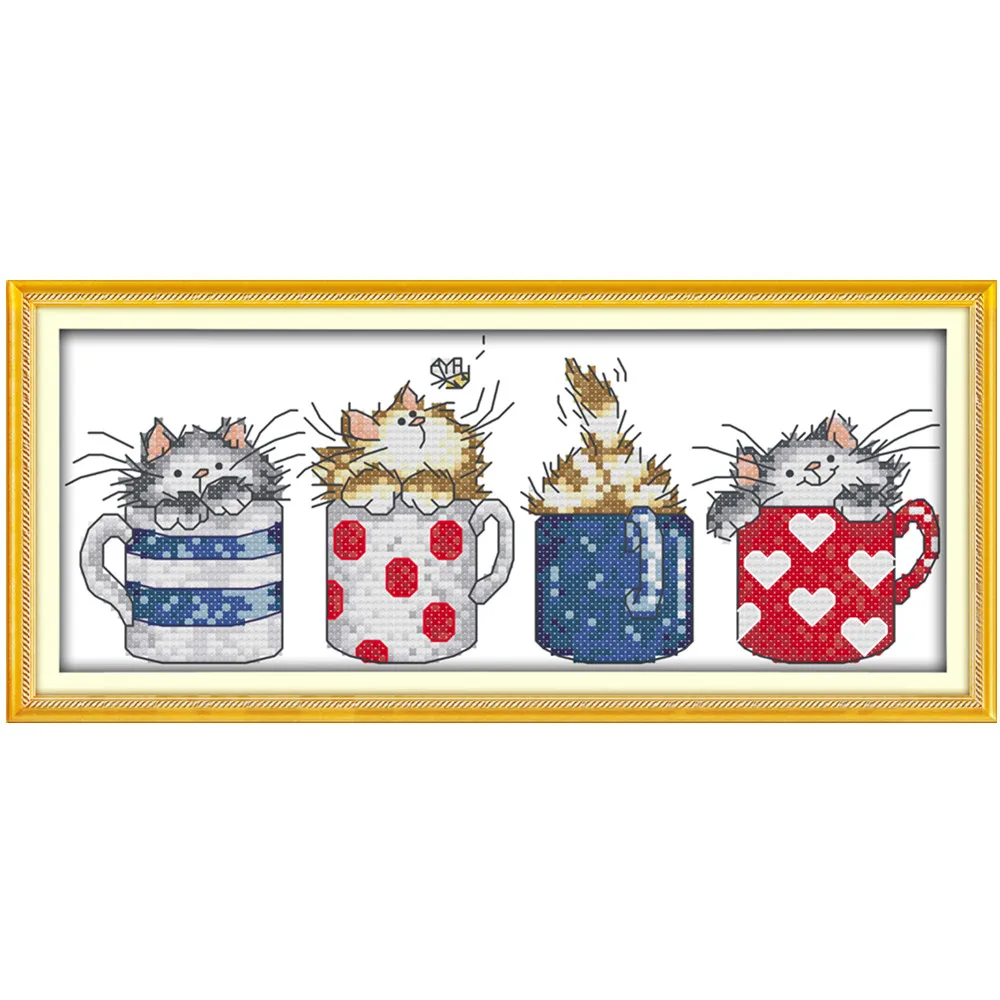 Cats hide in the cups cross stitch kit 14ct 11ct count print light grey canvas cotton floss embroidery DIY handmade needlework